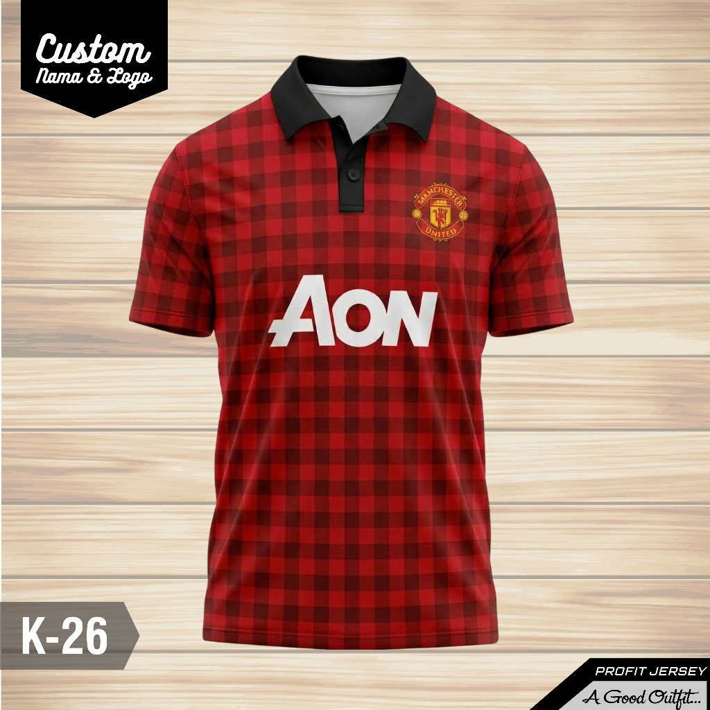 Kaos Polo Jersey MU Retro Kotak Merah FREE Custom Nama & Logo - Baju Bola Manchester United Aon Prem