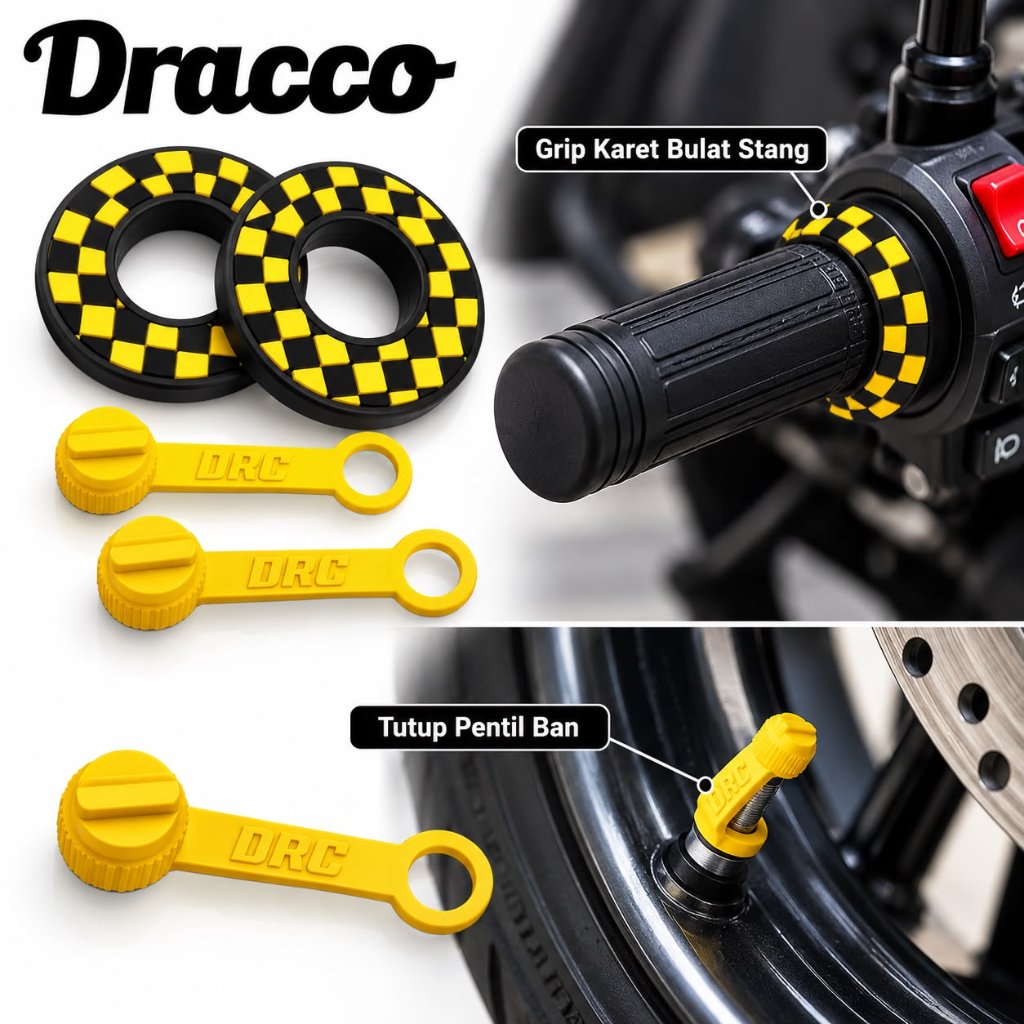 Grip Stang Motor Dracco Checker Hitam Kuning Karet Bulat 2 pcs + Tutup Pentil Ban 2 pcs Universal