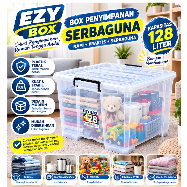 Box Container EZY 128 Liter Bening Max Shinpo Kontainer Krat Industri Plastik Transparan Kotak Penyi