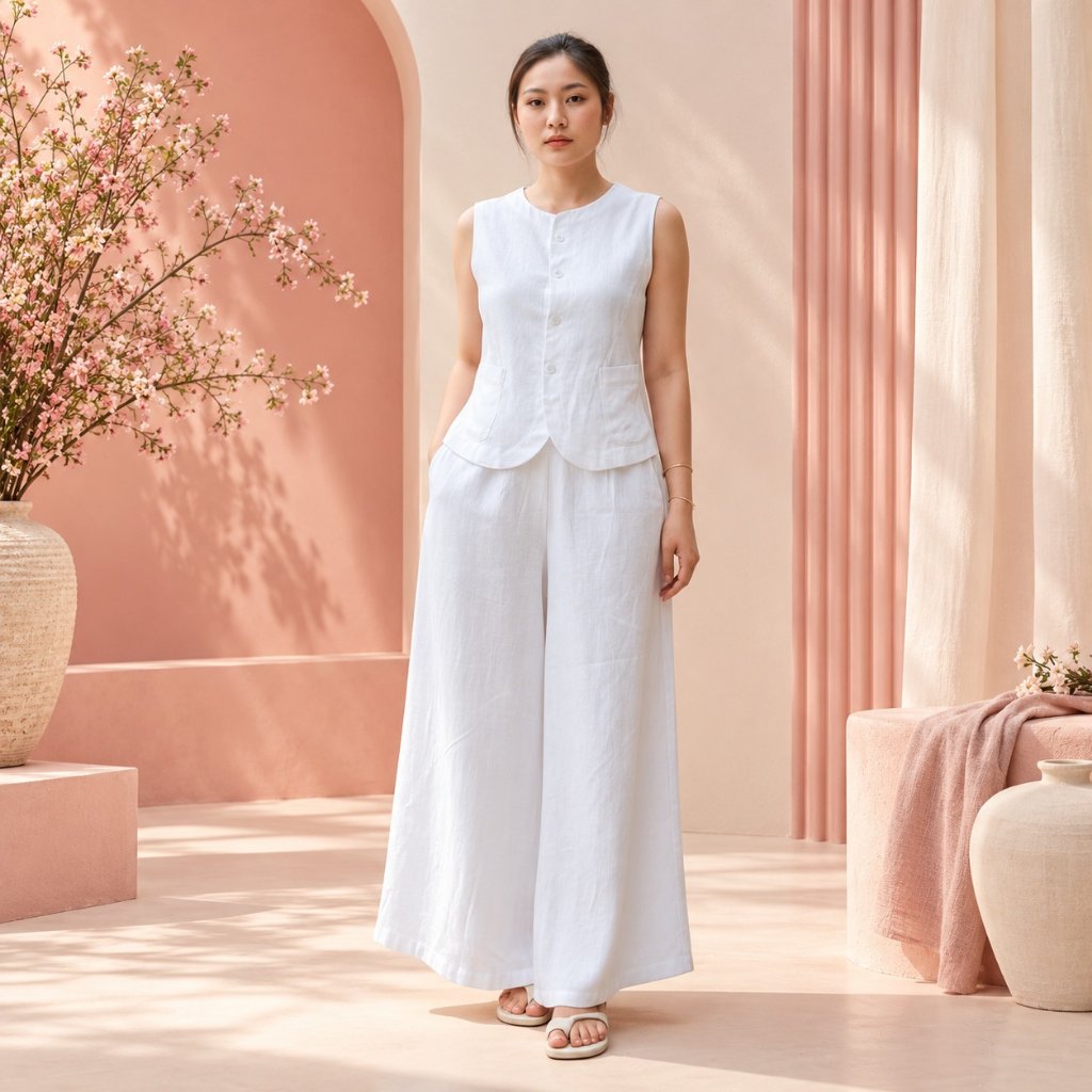 Setelan Vest Celana Kulot Linen Baju Santai Wanita Style Korea Palazzo