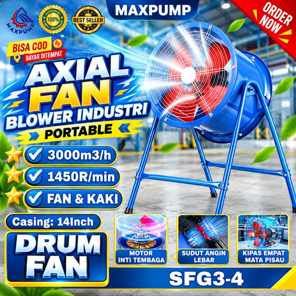 MAXPUMP Drum Fan 12 Inch Blower Angin Exhaust Fan Ventilator 14inch Blower Tabung Blower Gedung Exha