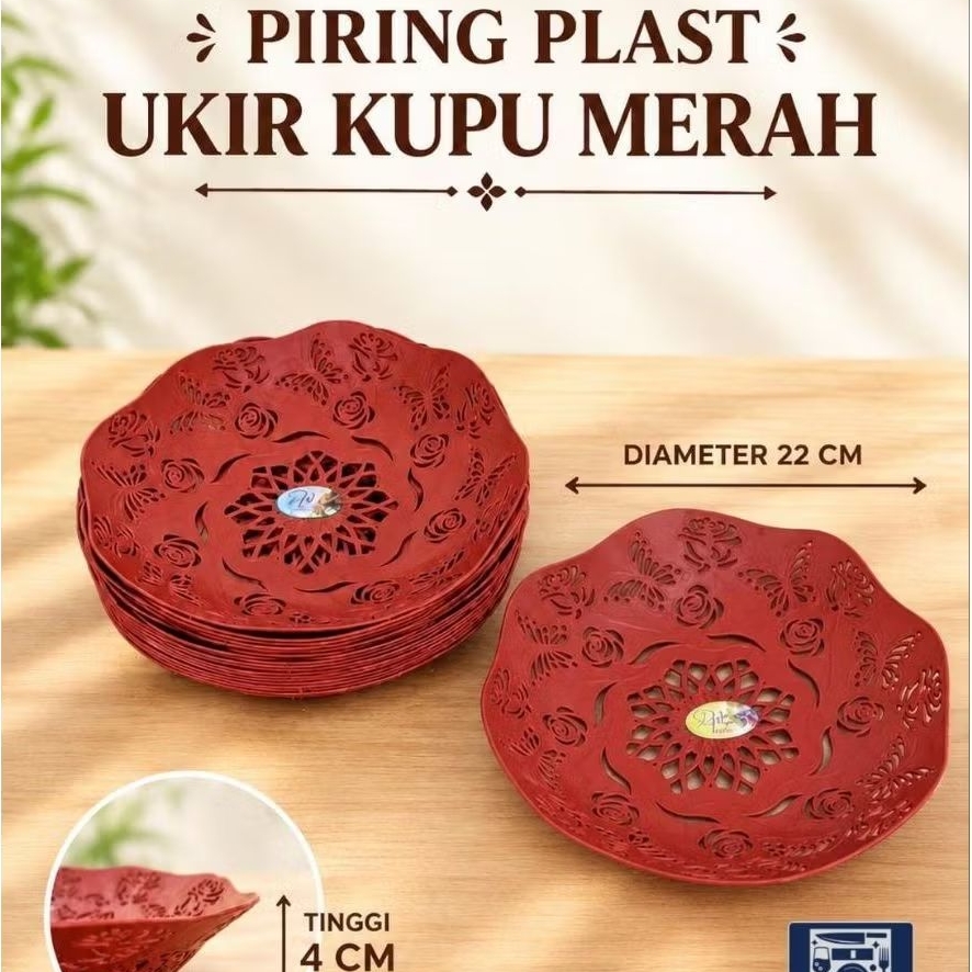Piring Plastik Ukir Merah 22 cm isi 12 pcs Motif Bunga Cantik Piring Kue Snack Buah Prasmanan