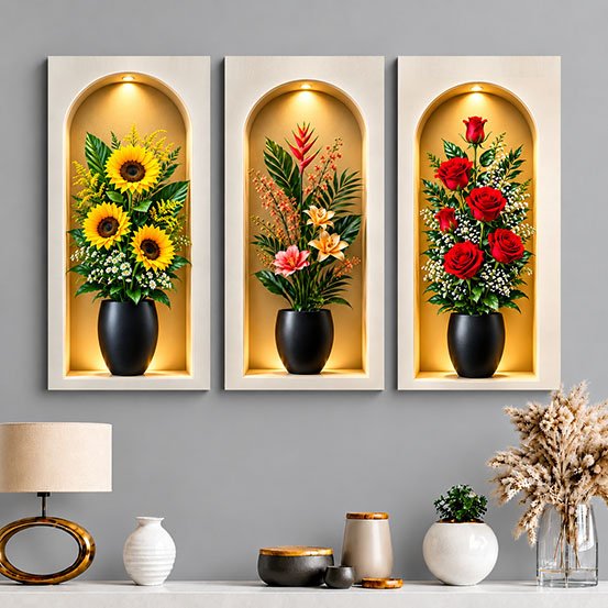 Set Dekorasi Dinding 3D Bunga Matahari, Lily, dan Mawar Merah dengan Bingkai Elegan