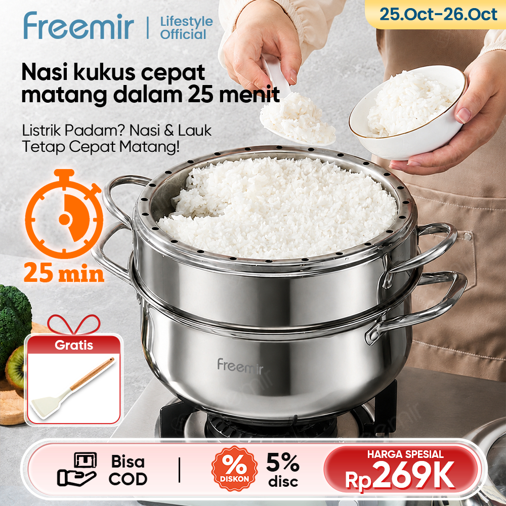 freemir lifestyle Panci Kukus Stainless 26cm Kapasitas besar 2 lapis, Pengukus nasi cocok untuk meng