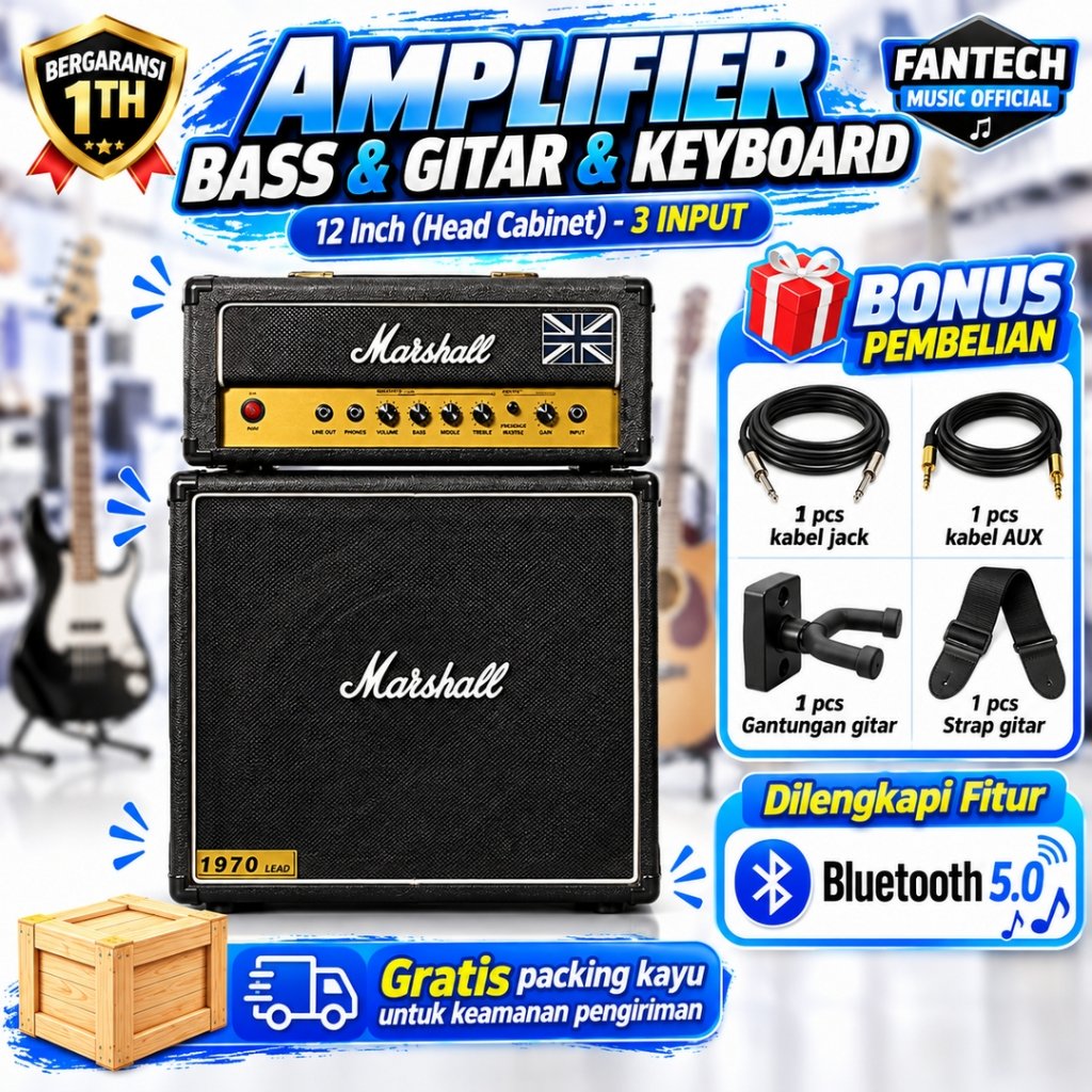 Ampli Bass & Gitar 12 Inch bisa untuk karaoke Marshall 3 Input Head Cabinet Free Kabel Jack 3 Meter 