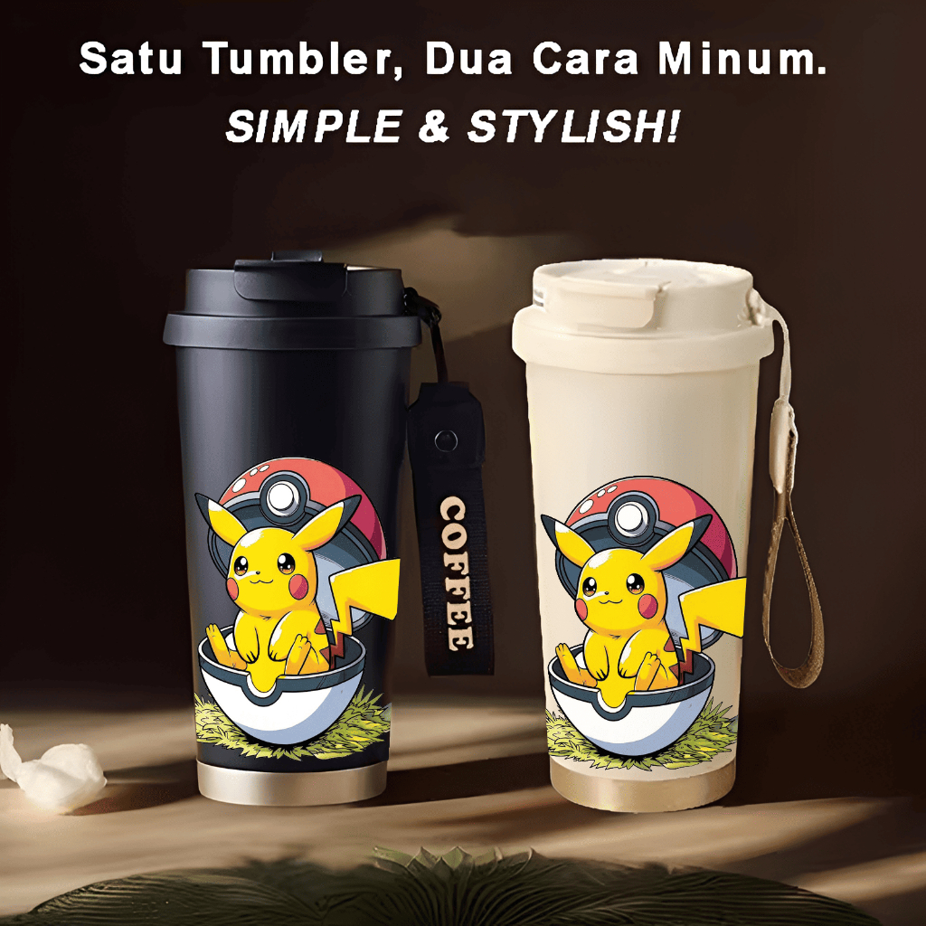 Tumbler Pokeball Anak Pikachu Ekor Petir Pokemon 500ml Stainless Steel 316 Sedotan Portable Botol Mi