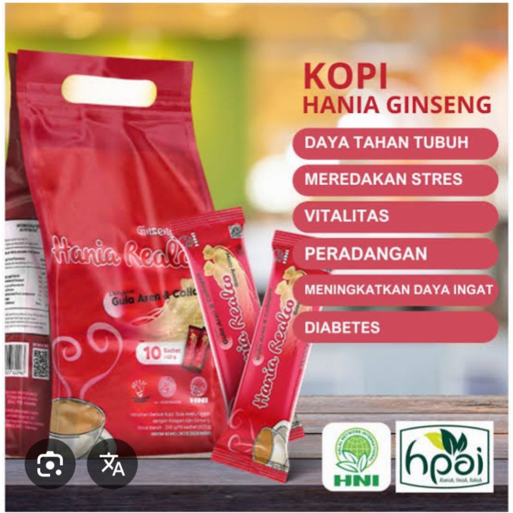 

TERBAIK HANIA REALCO Ginseng coffe. isi 10 sachet. harga terjangkau kualitas premium. exp2027