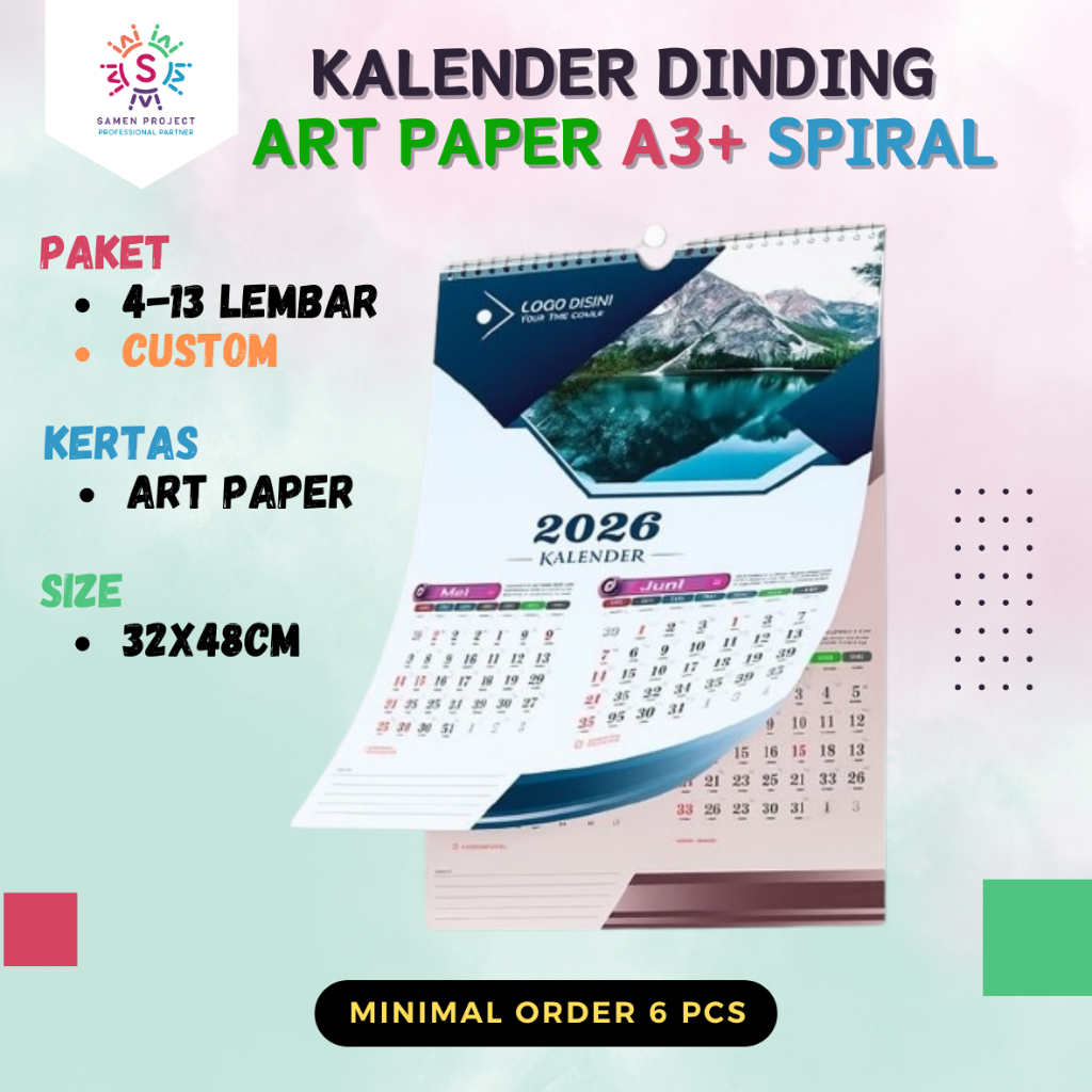 

Cetak Paket Kalender Dinding 2026 Isi Art Paper 150gr Ukuran A3+ 3 4 6 7 12 13 Lembar Hanger Spiral