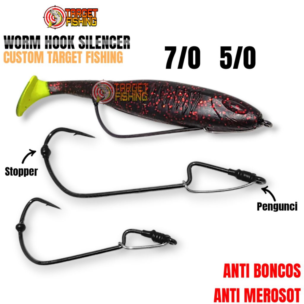 Wormhook Silencer Custom Pakai Pengunci + Stopper 7/0 dan 5/0 Kail Pancing Toman