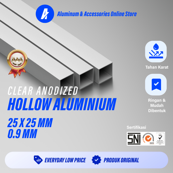 ALUTERRA Aluminium Hollow Panjang 100 cm | 25 x 25 mm | 0,9 mm Alcomexindo Ekstrusi Hollow