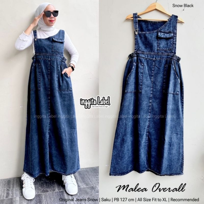 Malea Overall Jeans Wanita Panjang Snow Black Dress Denim Hijab Casual Kekinian