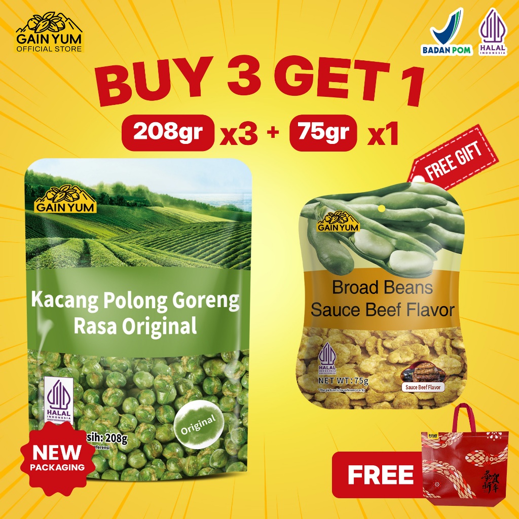 

[ GRATIS 75g ] Gain Yum - 3 Pcs Kacang Polong Rasa Original 208g Gratis 2 pcs 75g