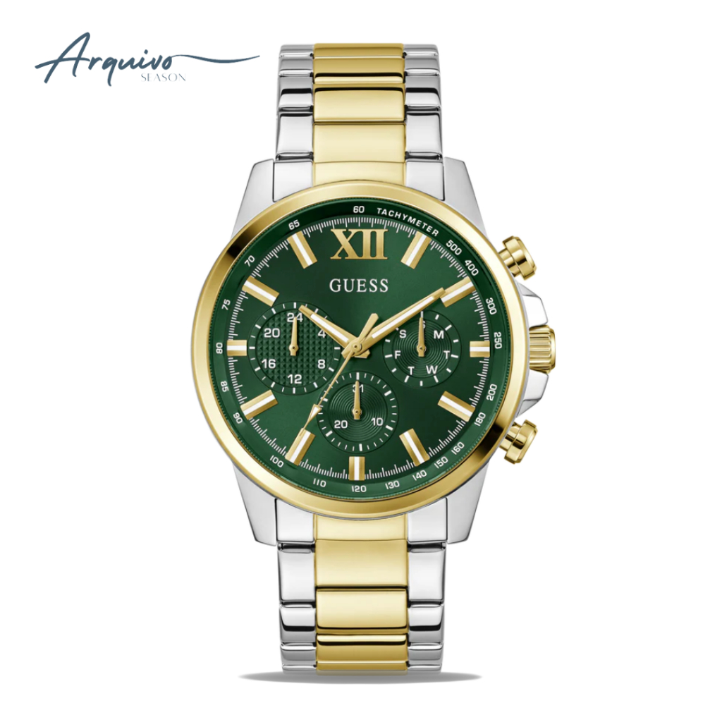 Jam Tangan Pria Guess Walker Chronograph Silver Gold Stainless Steel Green Dial Mewah Sporty Origina