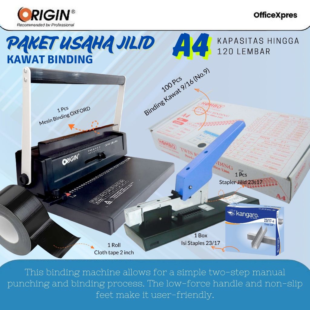 

Paket Usaha Jilid / Paket Usaha Toko Fotocopy / Mesin Jilid Spiral Kawat A4 OXFORD + Stapler Jilid 23S17 COMBO + Isi Staples Jilid 23/17 + Lakban Kain Cloth Tape Hitam 2 inch + Spiral Kawat Hitam 9/16 (No.9) A4 (100 Pcs)