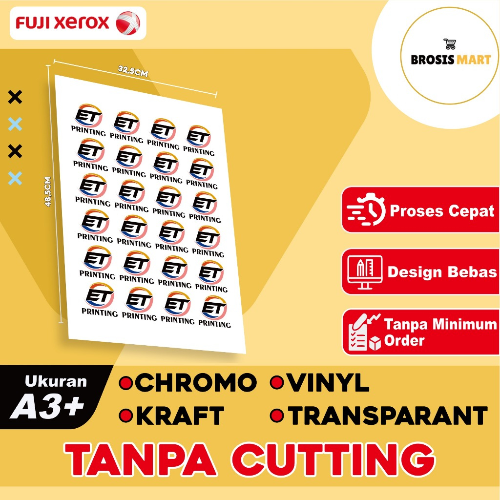 

Cetak Sticker A3+ Chromo / Bontak / Vinyl - Cetak Stiker Label / Logo TANPA cutting sticker
