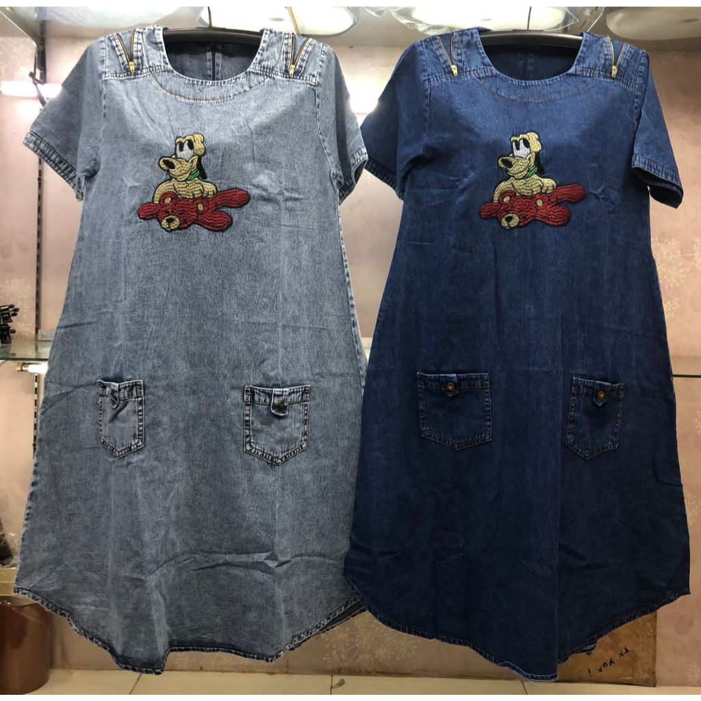 DRES TUNIK JEANS BORDIRAN MOTIF DOG SNOP