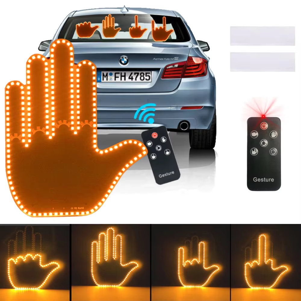 Fun Gesture Lampu LED Display Tempel Kaca Belakang Isyarat Tangan Jari 4 Gaya Jempol Stop Metal Jari Tengah Warning Stop Mobil Dengan Remote Day and Night Emosi Peringatan Multifungsi indokator Lintas Tempel Belakang Kaca Mobil 4 Gesture Hand LED