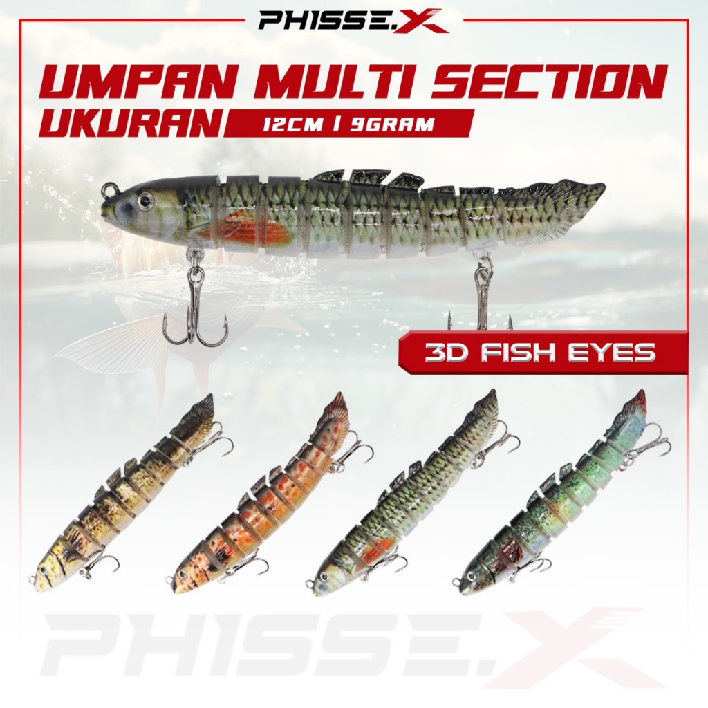 PHISSE.X Umpan Ikan Gerak Natural 12cm/9gram | Umpan Pancing 9 Ruas Trible Hook Kuat Multi Preium Ku