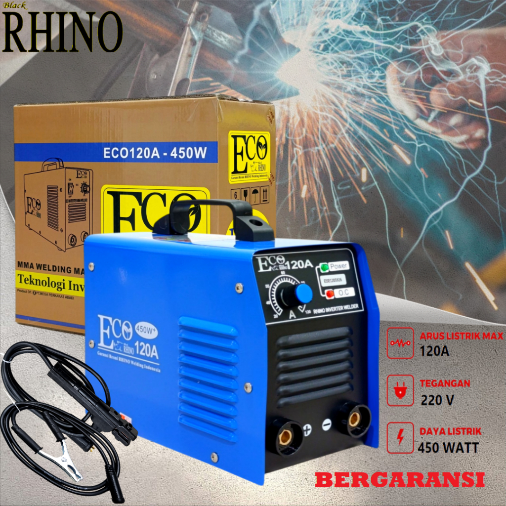 Mesin Las RHINO Eco 450 Watt Inverter MMA 120A / Black Rhino Mesin Las Listrik 450 wat