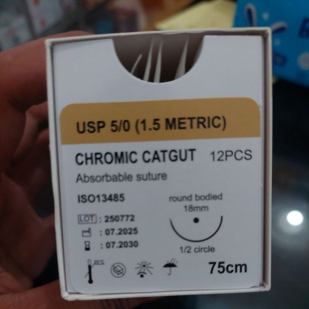 Catgut Chromic 5/0 + jarum round bodied 18mm 1box isi 12pcs (Perbox)
