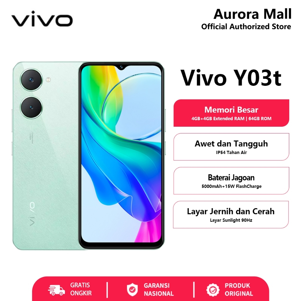Hp Vivo Y03t 4/32GB RAM 4GB+4GB Extended ROM 32GB Vivo Terbaru 2024 Garansi Resmi
