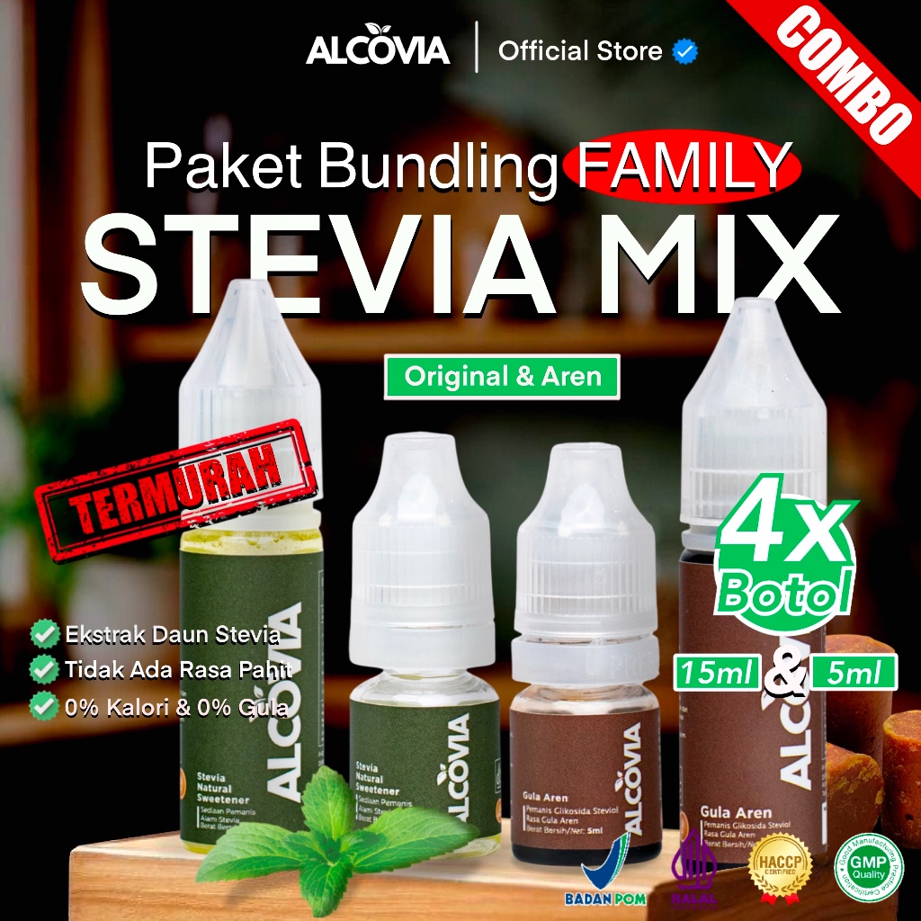 

(FAMILY MIX) Alcovia Stevia Tetes Pemanis Alami Pengganti Gula - 5ml x2 & 15ml x2