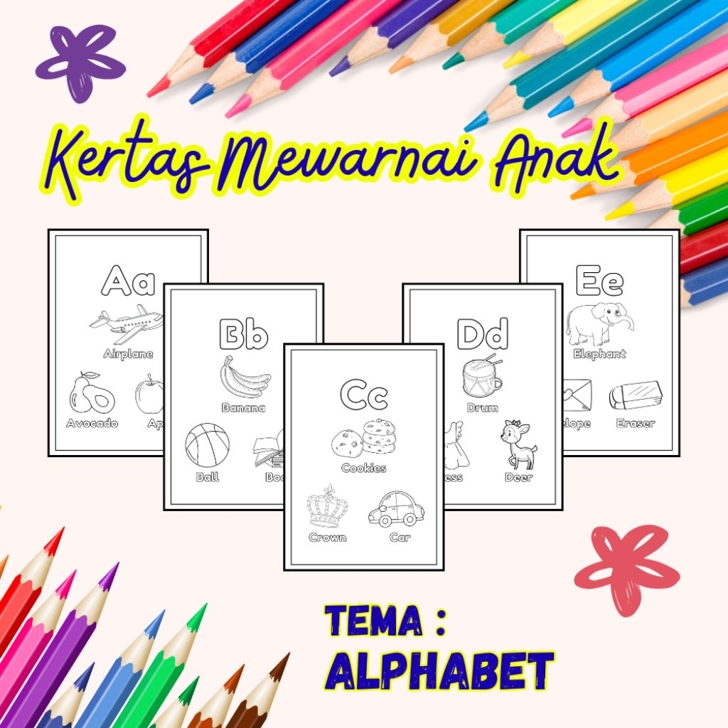 

26 LEMBAR KERTAS MEWARNAI ANAK TEMA HURUF ALPHABET (READY LANGSUNG KIRIM)