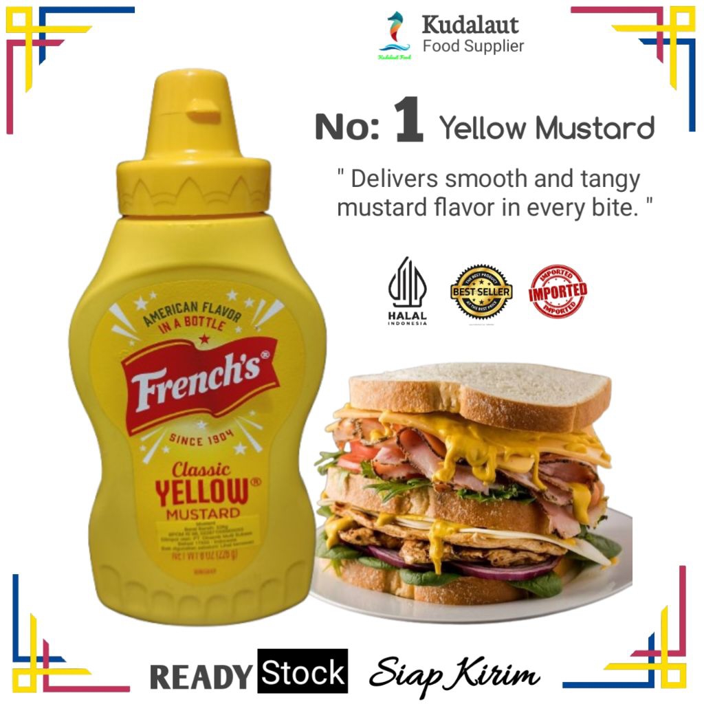 

French French's Yellow Mustard, Saus Mustard no. 1 di USA, Botol Plastik 226g
