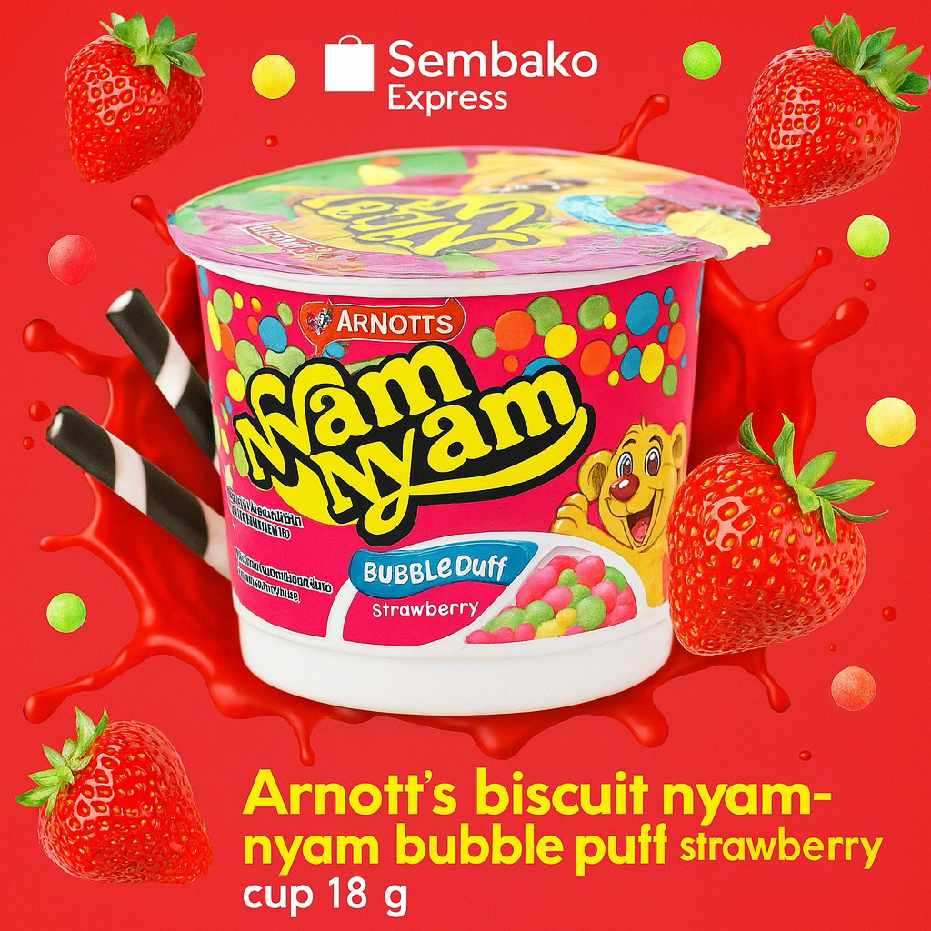 

Arnott’s Nyam Nyam Bubble Puff Strawberry Cup 18 g – Snack Seru Isi Coklat & Bubble