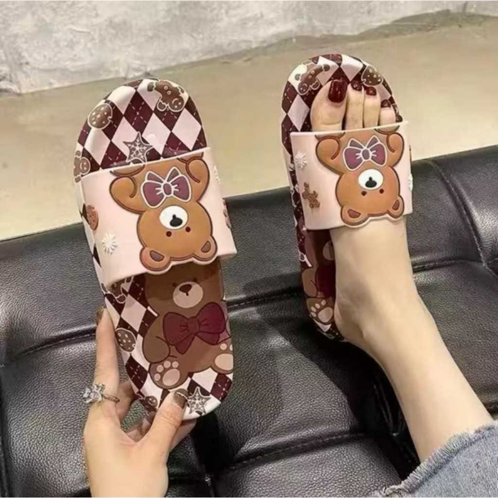 SANDAL SELOP WANITA KOREAN STYLE MOTIF KARAKTER BONEKA TEDDY BEAR  LUCU IMUT MENGGEMASKAN UKURAN 37 
