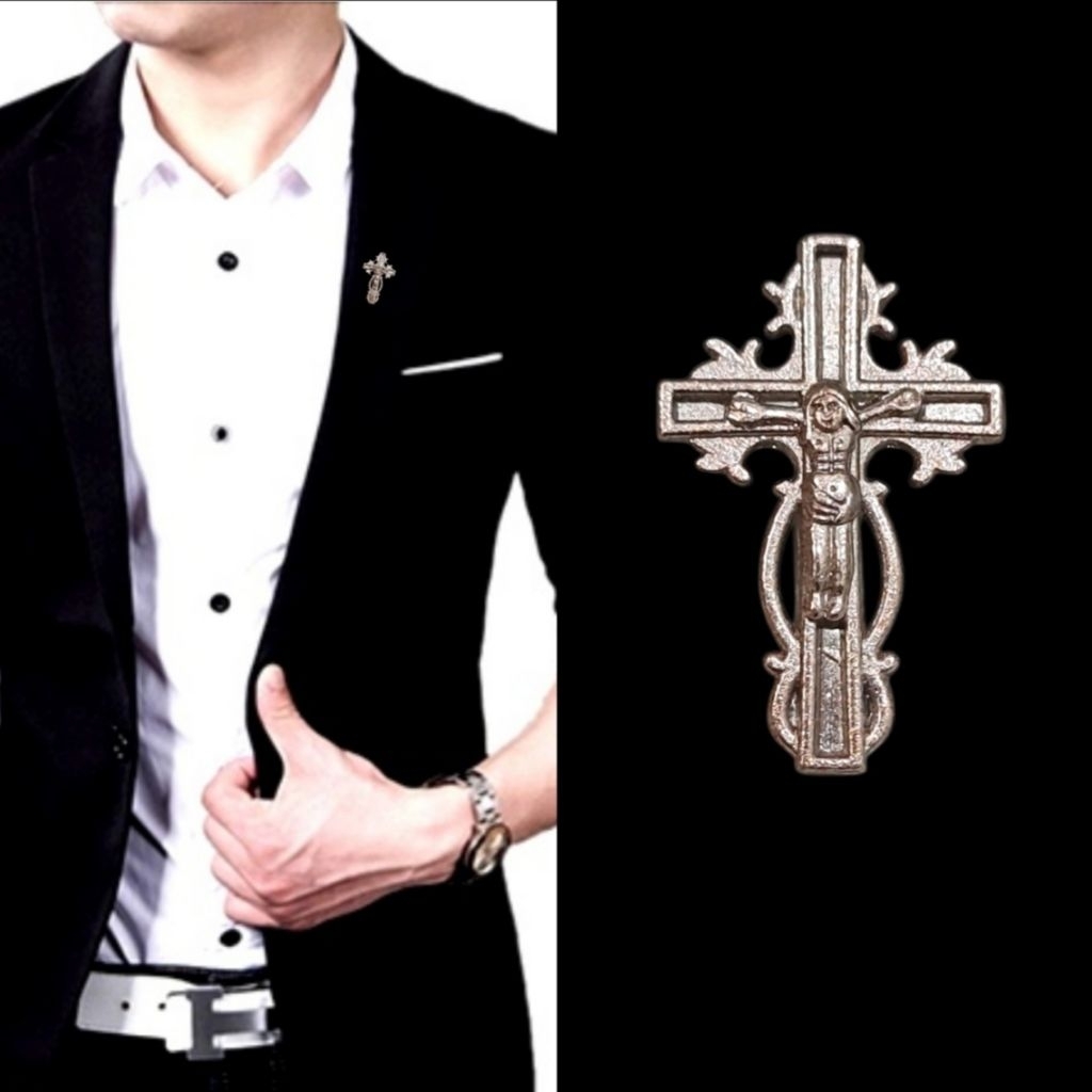 Metal Rose Gold Relievo Cross Salib Pin Bros Jas Kameja Tuxedo Mens