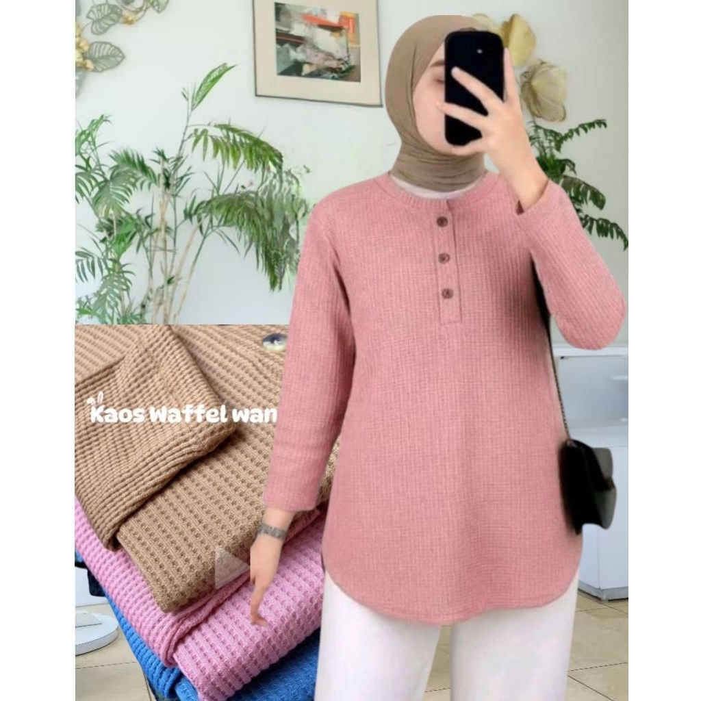 Atasan Kaos Wanita Kancing  Depan  Lengan Panjang/Blus ranjuk  wanita Bahan Waffer Model Terbaru