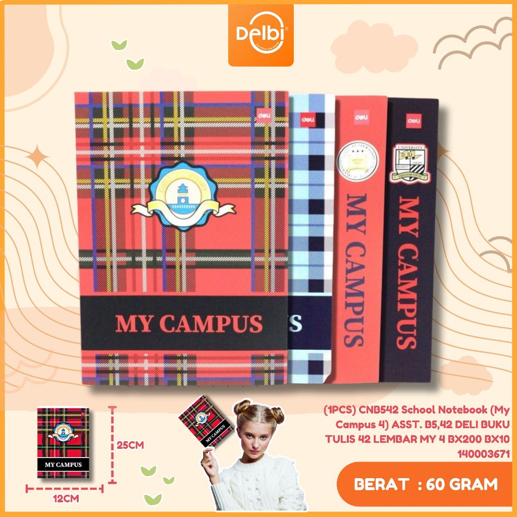 

Deli Writing Book / Notebook / Buku Tulis Sekolah A5/B5 38/42/58 Lembar CNA538 CNA558 CNB542 (1PCS) CNB542 SCHOOL NOTEBOOK (MY CAMPUS 4) ASST.B5,42