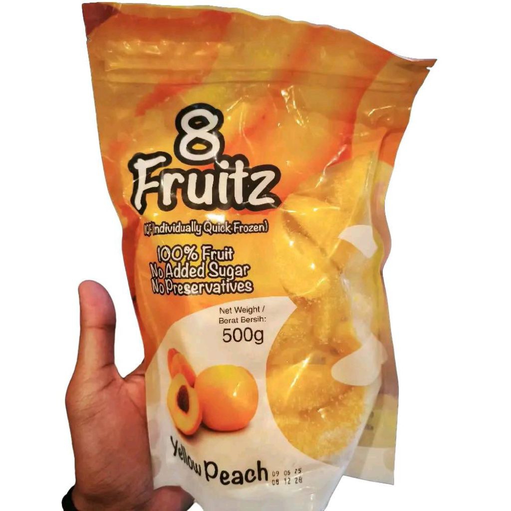 

Buah yellow peach Frozen 8 fruitz individualy quick Frozen 500 gram
