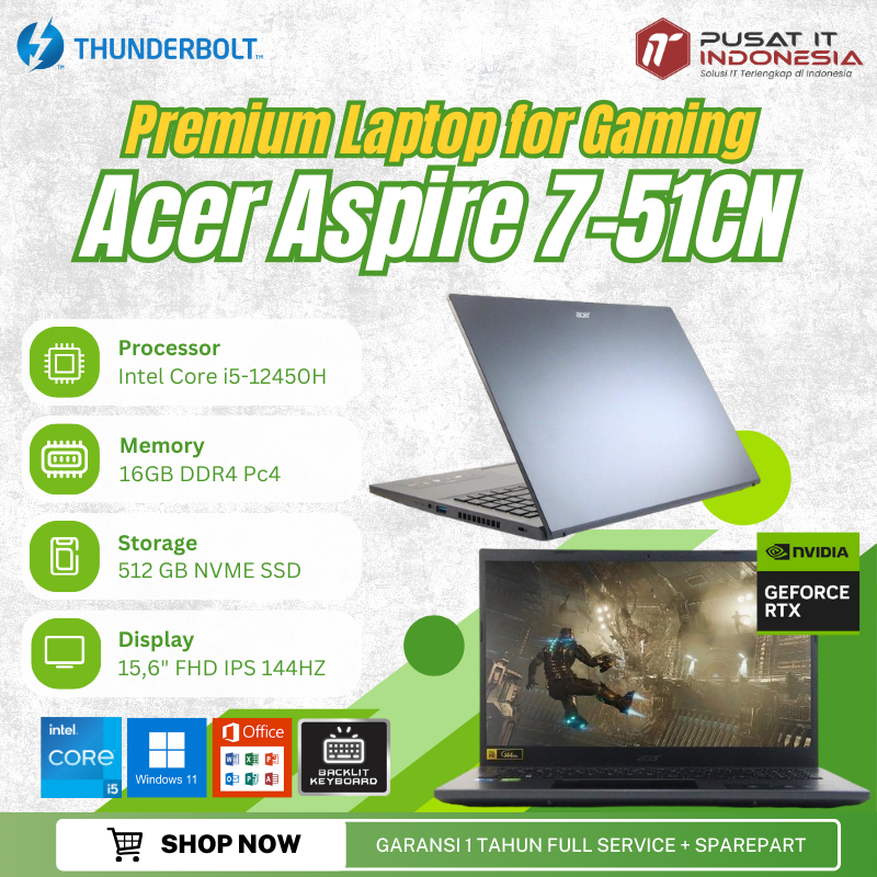LAPTOP GAMING GTX 1650 LAPTOP Acer Aspire 7 A715 - 51CN with intel core I5 - 12450H