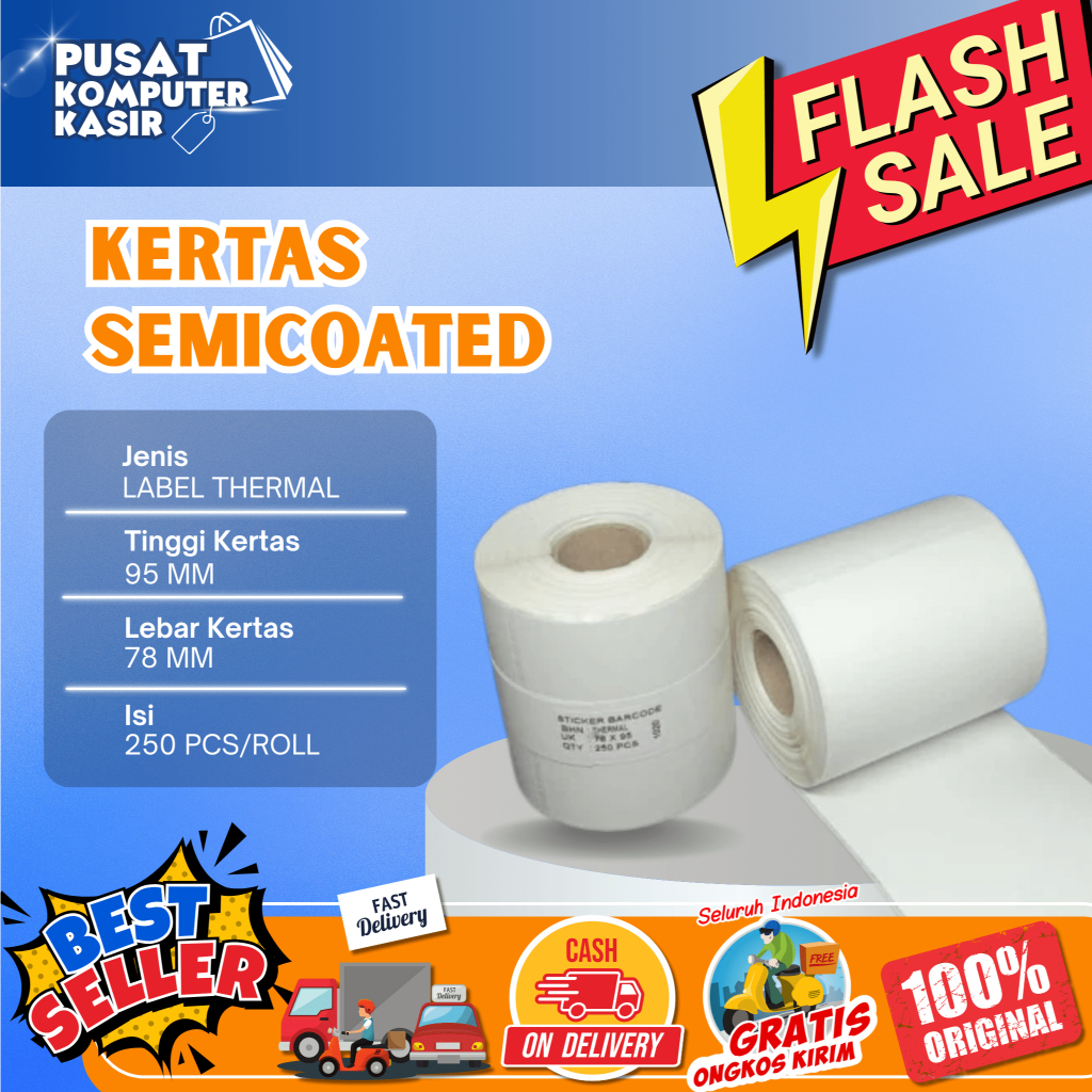 

Label Semicoated 78x95 mm isi 250 pcs | Label thermal stiker printer | Kertas label 78x95