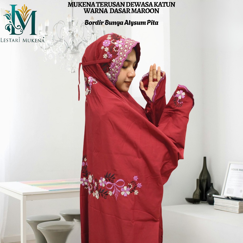 Mukena Terusan Dewasa Bahan Katun Polino Warna Maroon Bordir Bunga Alysum Pita