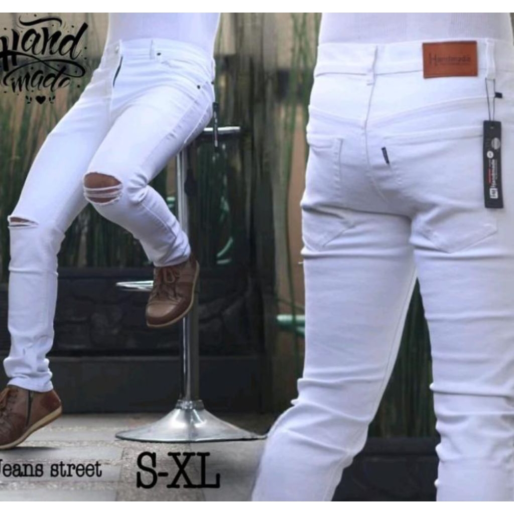 Jeans slim putih robek lutut pria/wanita