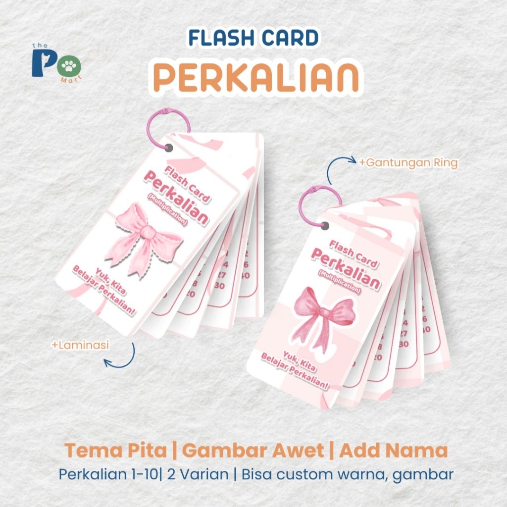 Flash Card Perkalian Anak SD Tema Pita  | Belajar Matematika 1-10 | Laminasi + Gantungan