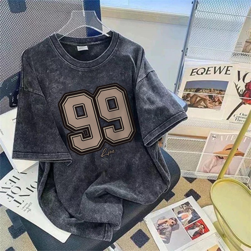 XZHAINV Kaos Lengan Pendek Lengan Pendek Wanita Wanita Korea 99 Cetak Hitam Dicuci/Kaos Lengan Pende