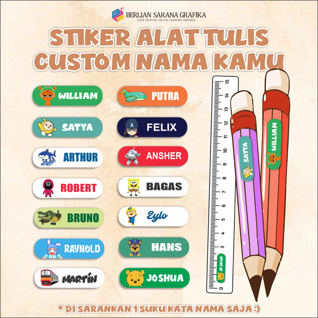 

Stiker Nama Pensil Dan ATK Custom 1 Set Isi 80 Ukuran 3x1cm