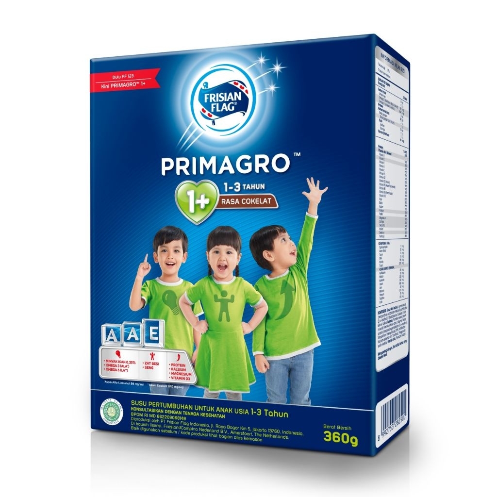 FRISIAN FLAG PRIMAGRO 1+ SUSU BUBUK ANAK 1 SAMPAI 3 TAHUN RASA COKLAT, MADU & VANILA BOX