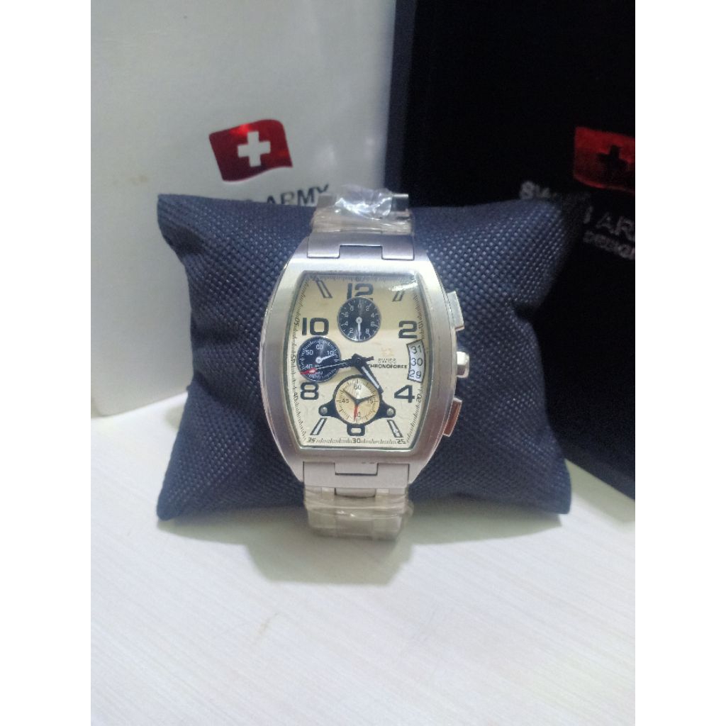 JAM TANGAN PRIA SWIS ARMY S.A 2075 G ORIGINAL CRONO TGL AKTIF BENTUK KOTAK RANTAI ALL STAINLESS STEE