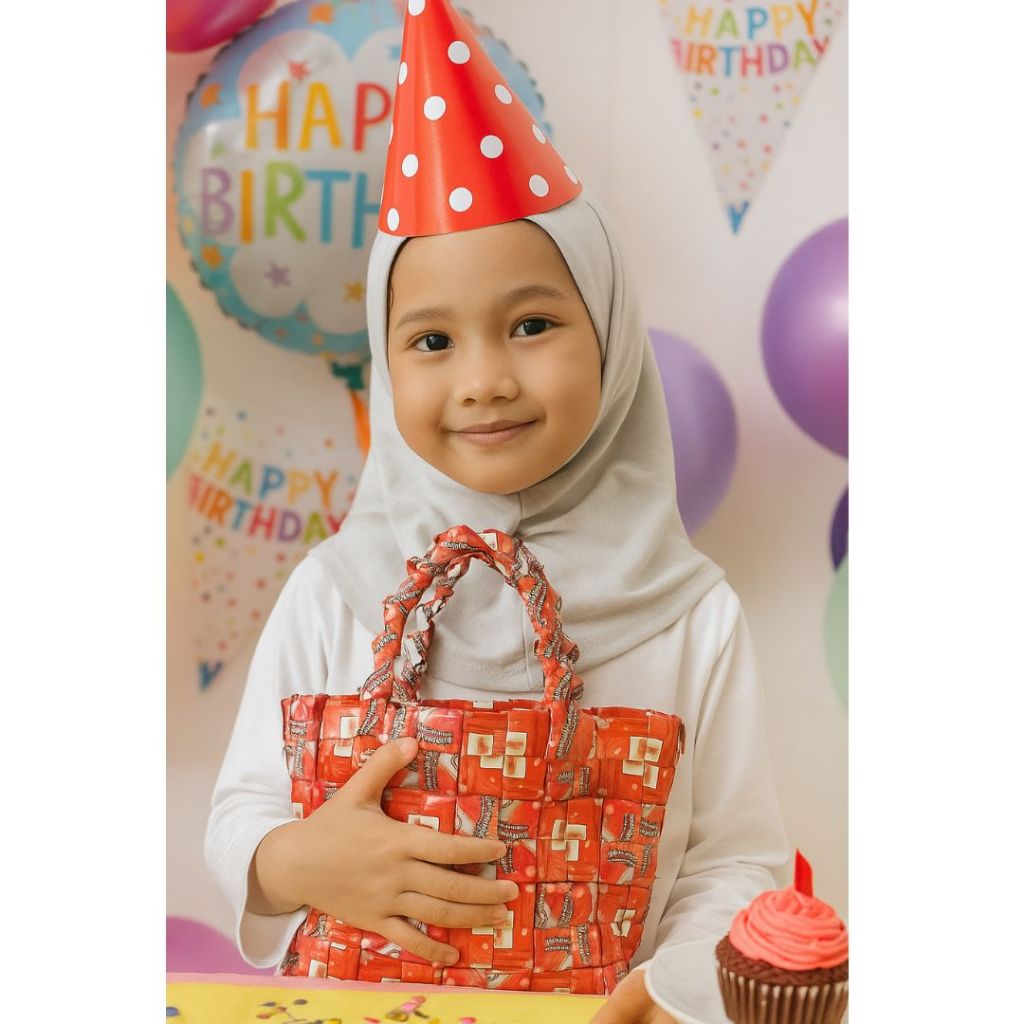 

Tas Anyaman / tas suvenir Anak Dan Dewasa Daur Ulang Dari Kemasan Bungkus Pop Ice Tas kerajinan