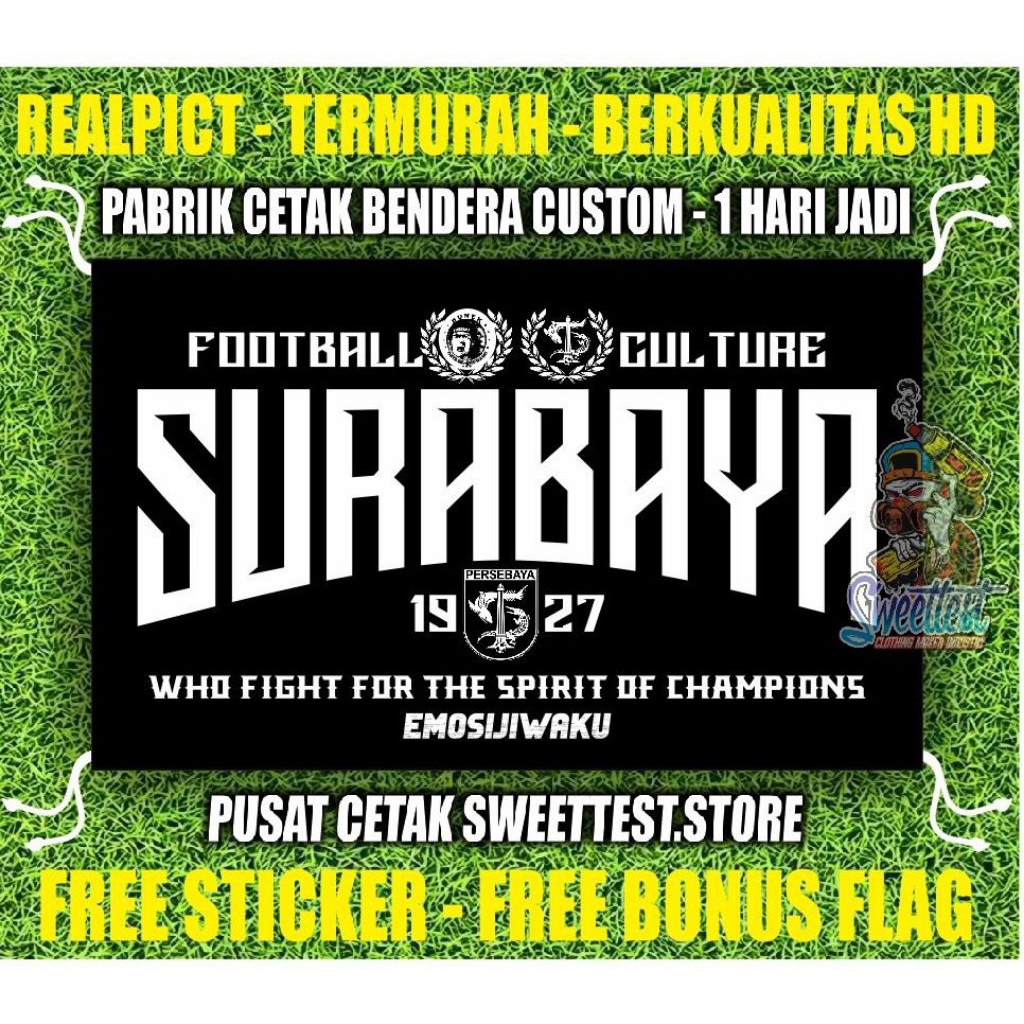 READY STOK + FREE STICKER BENDERA PERSEBAYA SURABAYA, MINIFLAG PERSEBAYA, GIANTFLAG PERSEBAYA, LOGO 