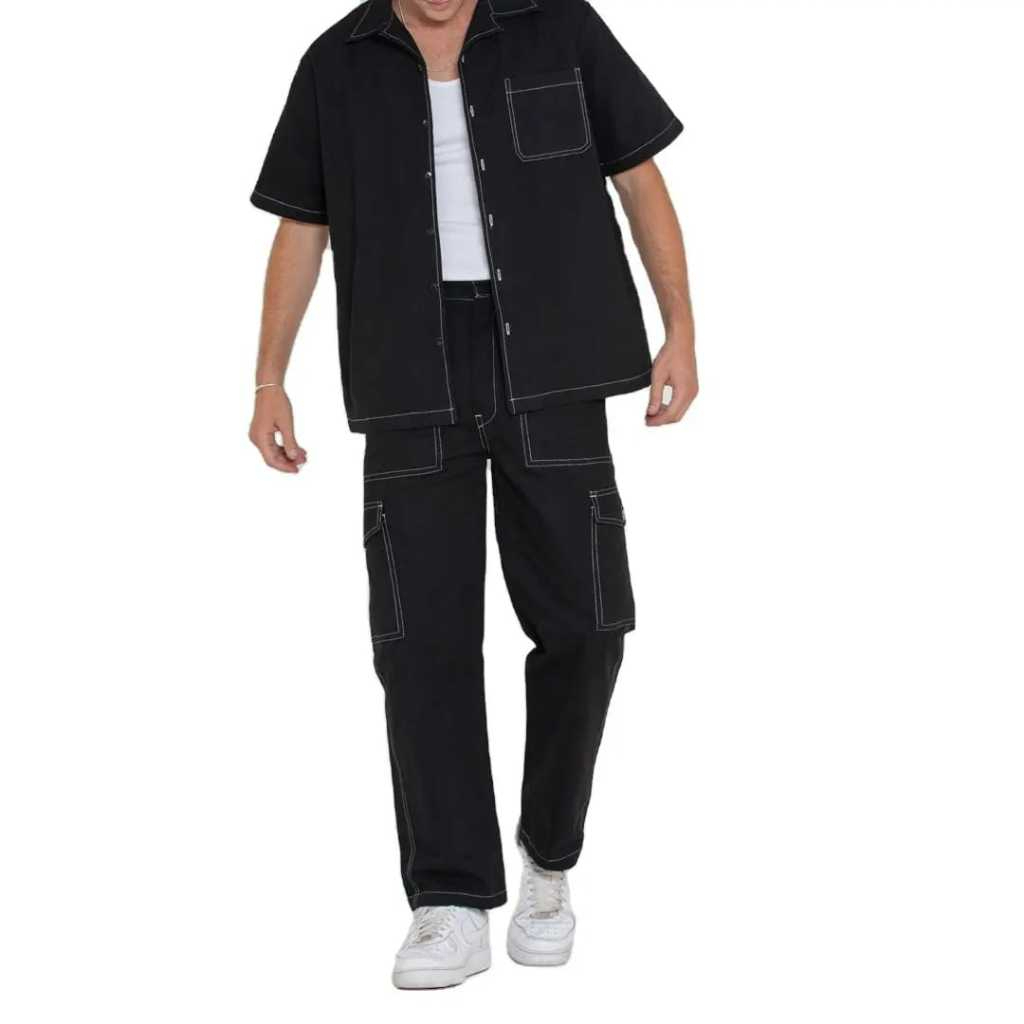 Setelan Pria Kemeja Lengan Pendek + Celana Cargo – Bahan American Drill Tebal Premium – Outfit Casua