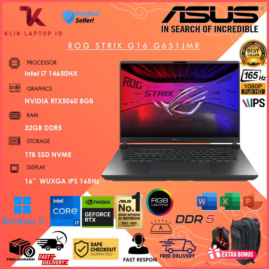 NVIDIA RTX5060 8GB Asus Rog Strix G16 G615JMR Intel I7 14650HX RAM 32GB SSD 1TB W11 16.0 WUXGA 165Hz