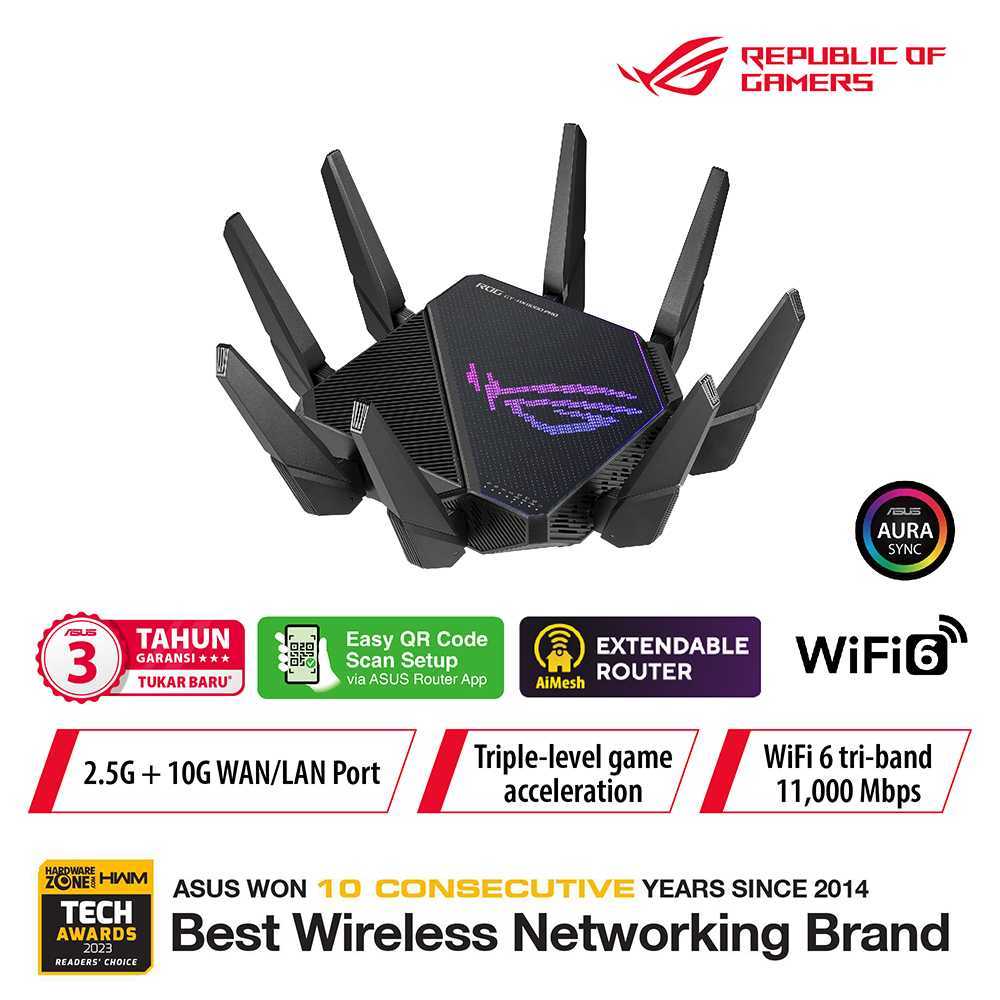 ASUS ROUTER ROG RAPTURE GT-AX11000 PRO WIFI 6 802.11AX AX11000 TRI-BAND GIGABIT BLACK