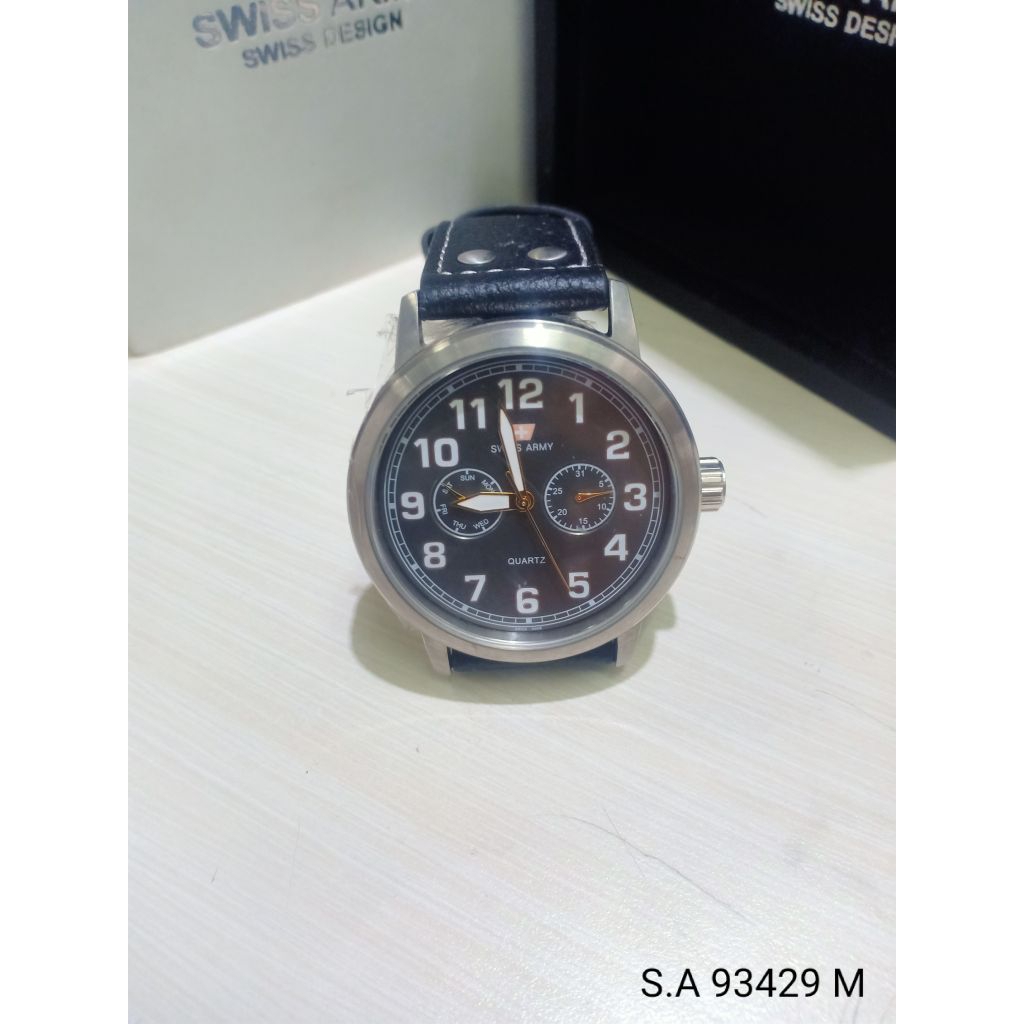 JAM TANGAN PRIA SWIS ARMY S.A 93492 M TGL HARI AKTIF ORIGINAL KULIT WATER RESISTANT 3 ATM
