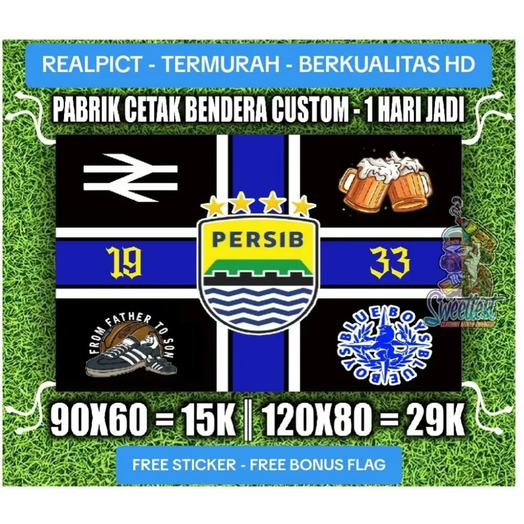 READY STOK + FREE STICKER BENDERA PERSIB BANDUNG, MINIFLAG PERSIB BANDUNG, GIANTFLAG PERSIB BANDUNG,